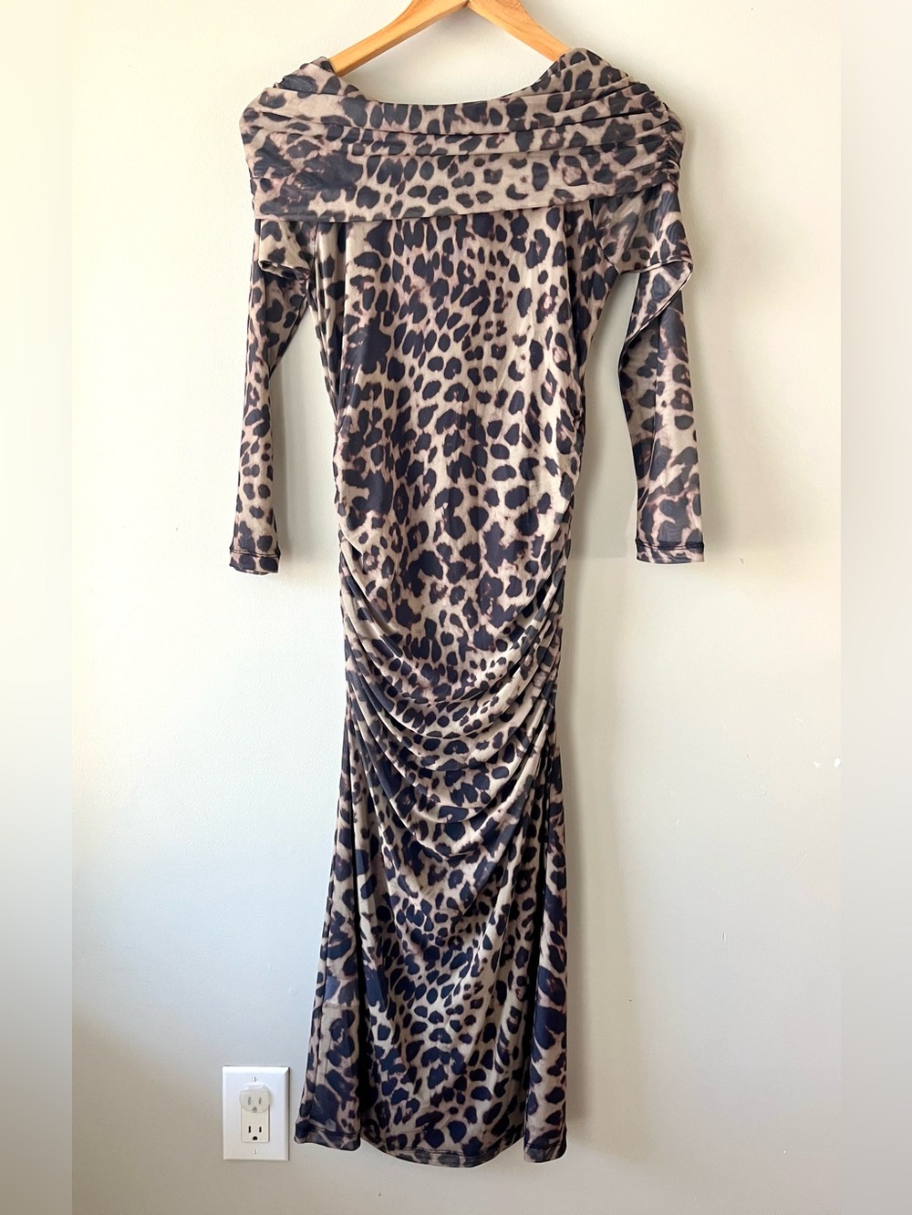 BNWOT ICHI Leopard-print Midi Dress Mesh Ruching Bardot Neck Size Small - Picture 11 of 12